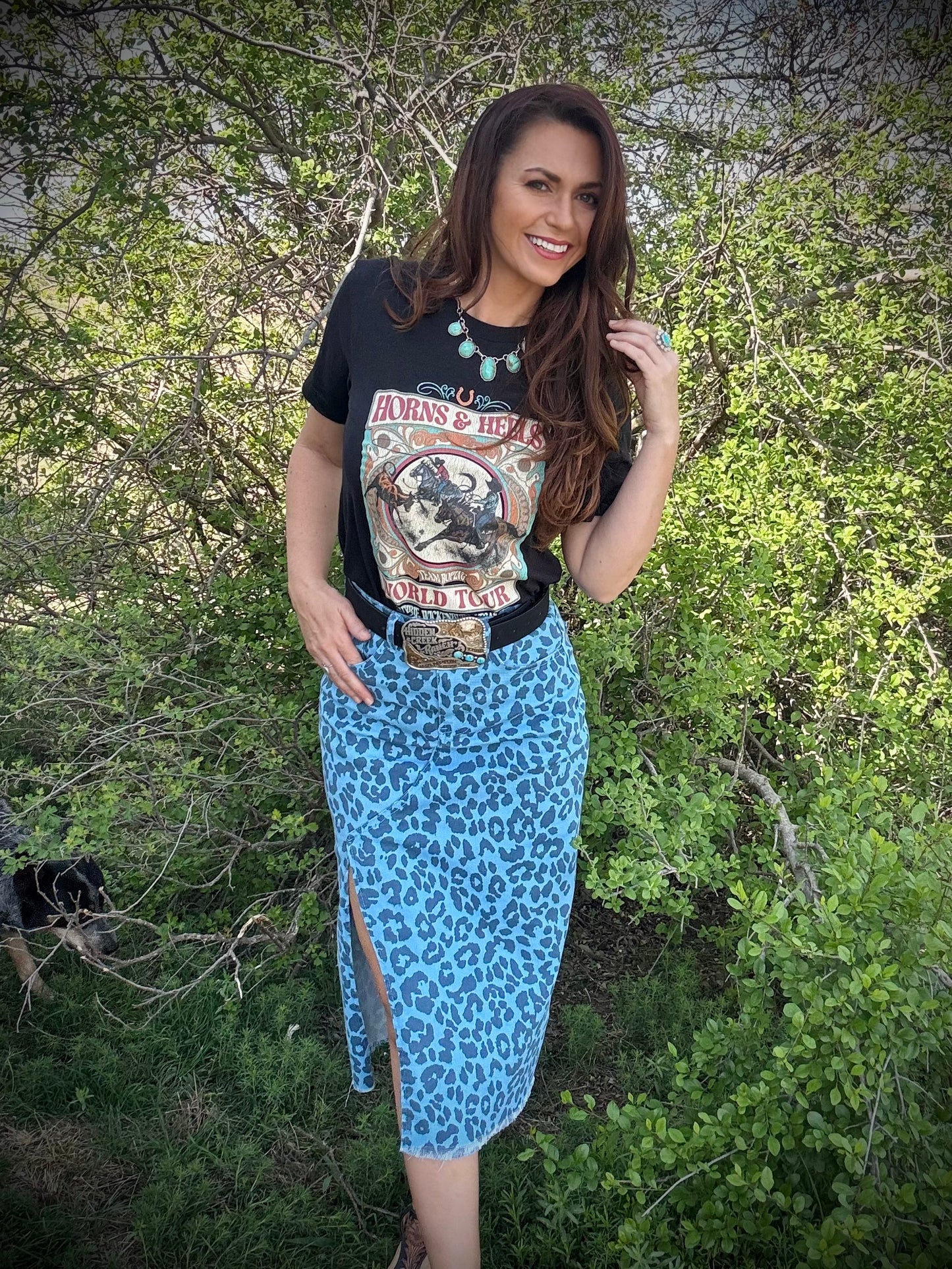 Denim Leopard Midi Skirt