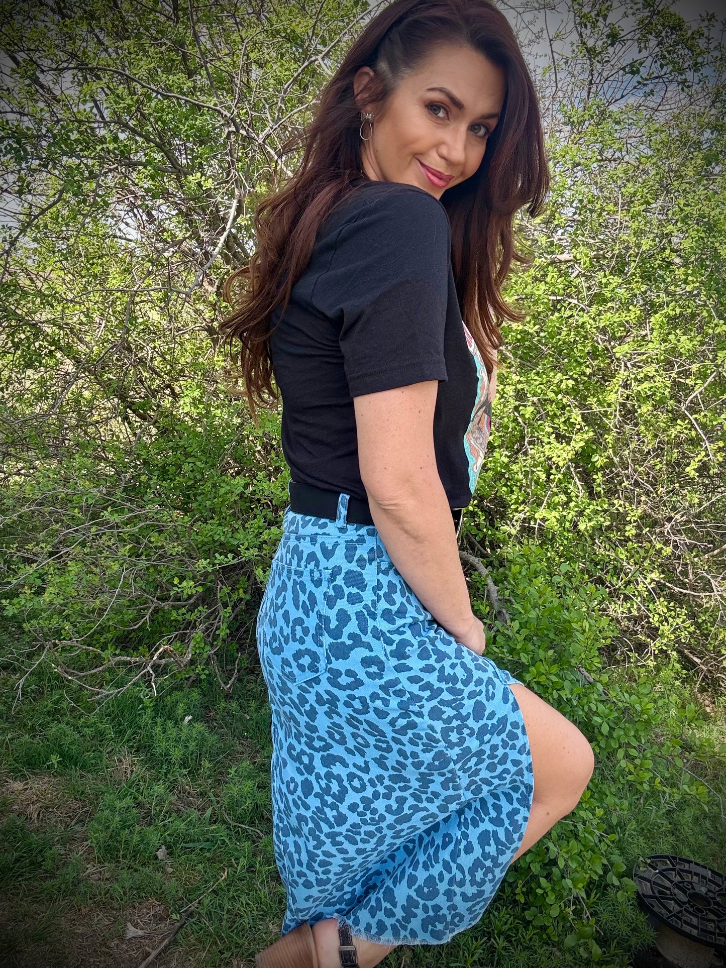 Denim Leopard Midi Skirt