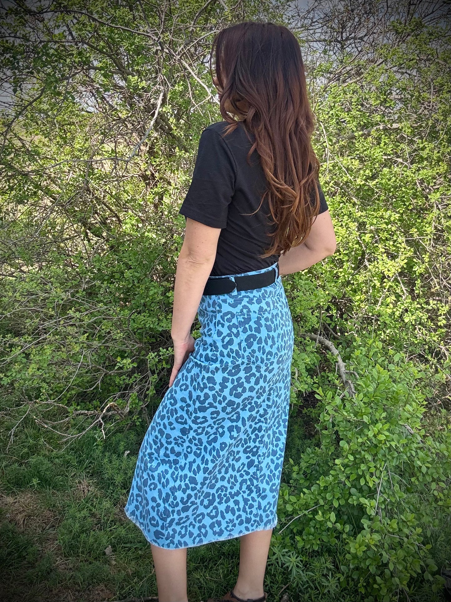 Denim Leopard Midi Skirt