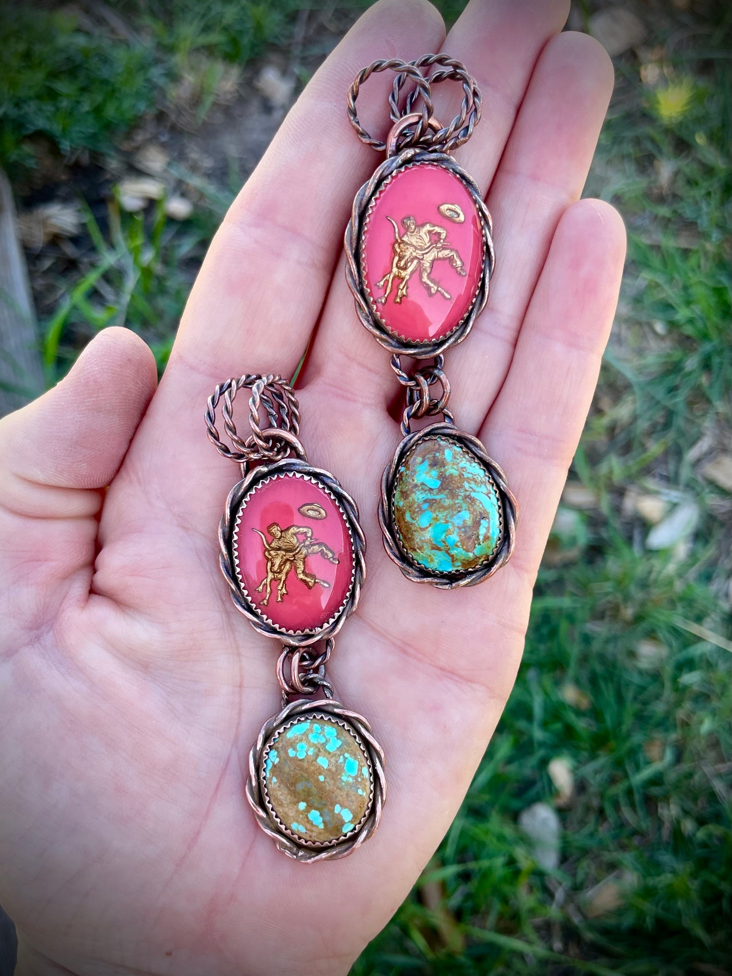 Copper Steer Wrestler Pendants