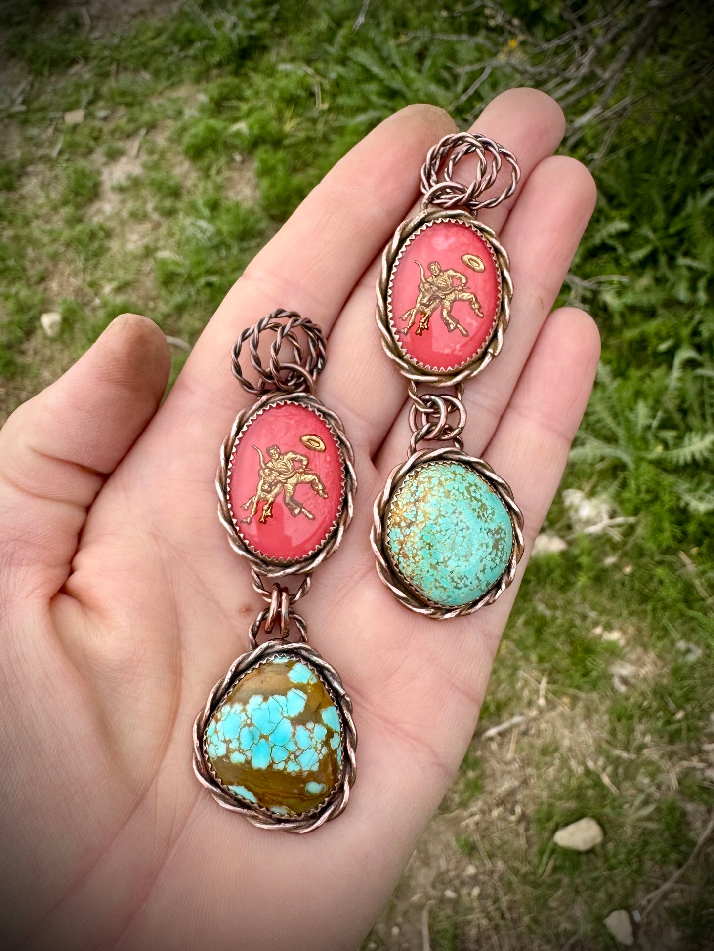 Copper Steer Wrestler Pendants