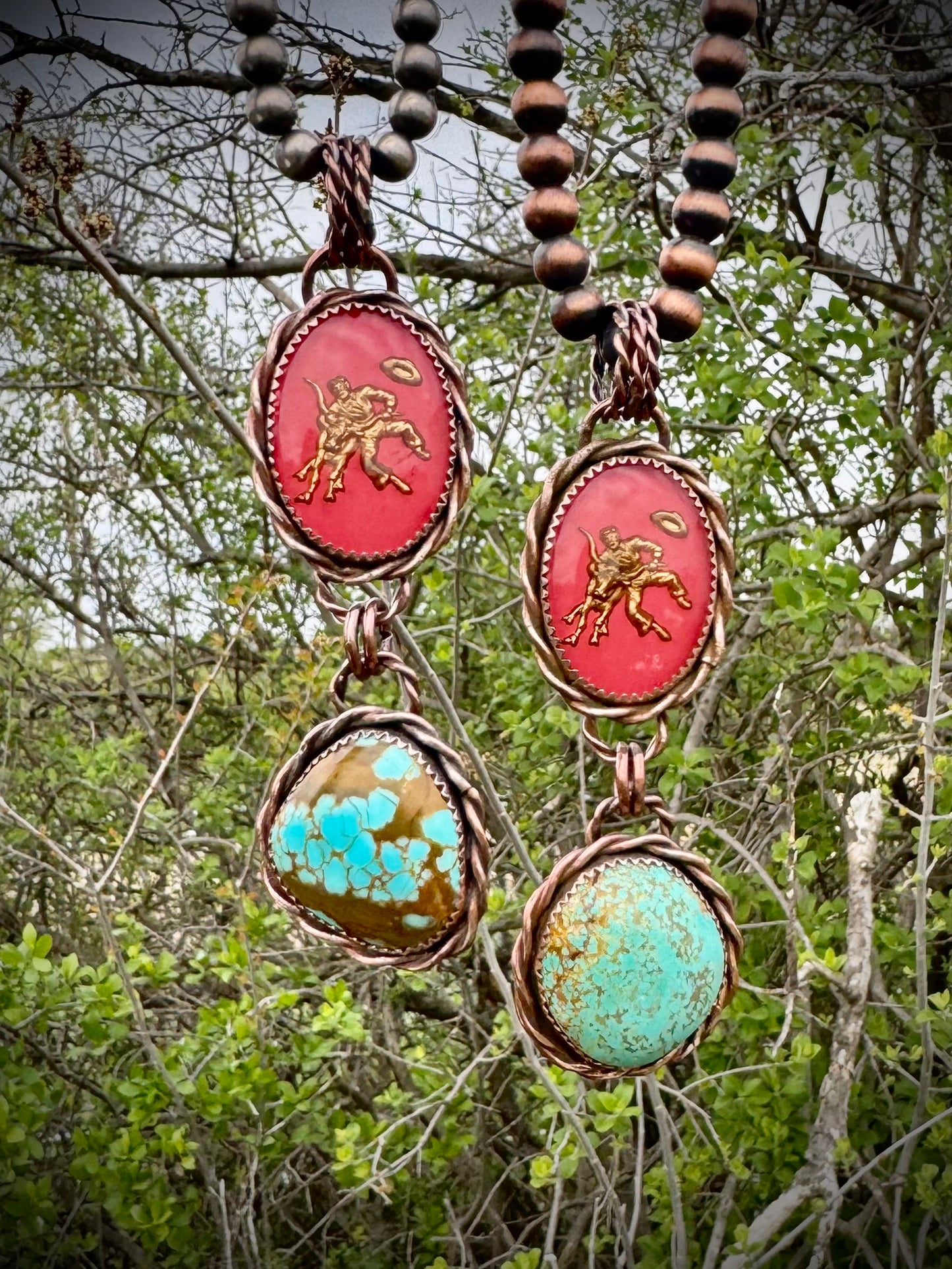 Copper Steer Wrestler Pendants