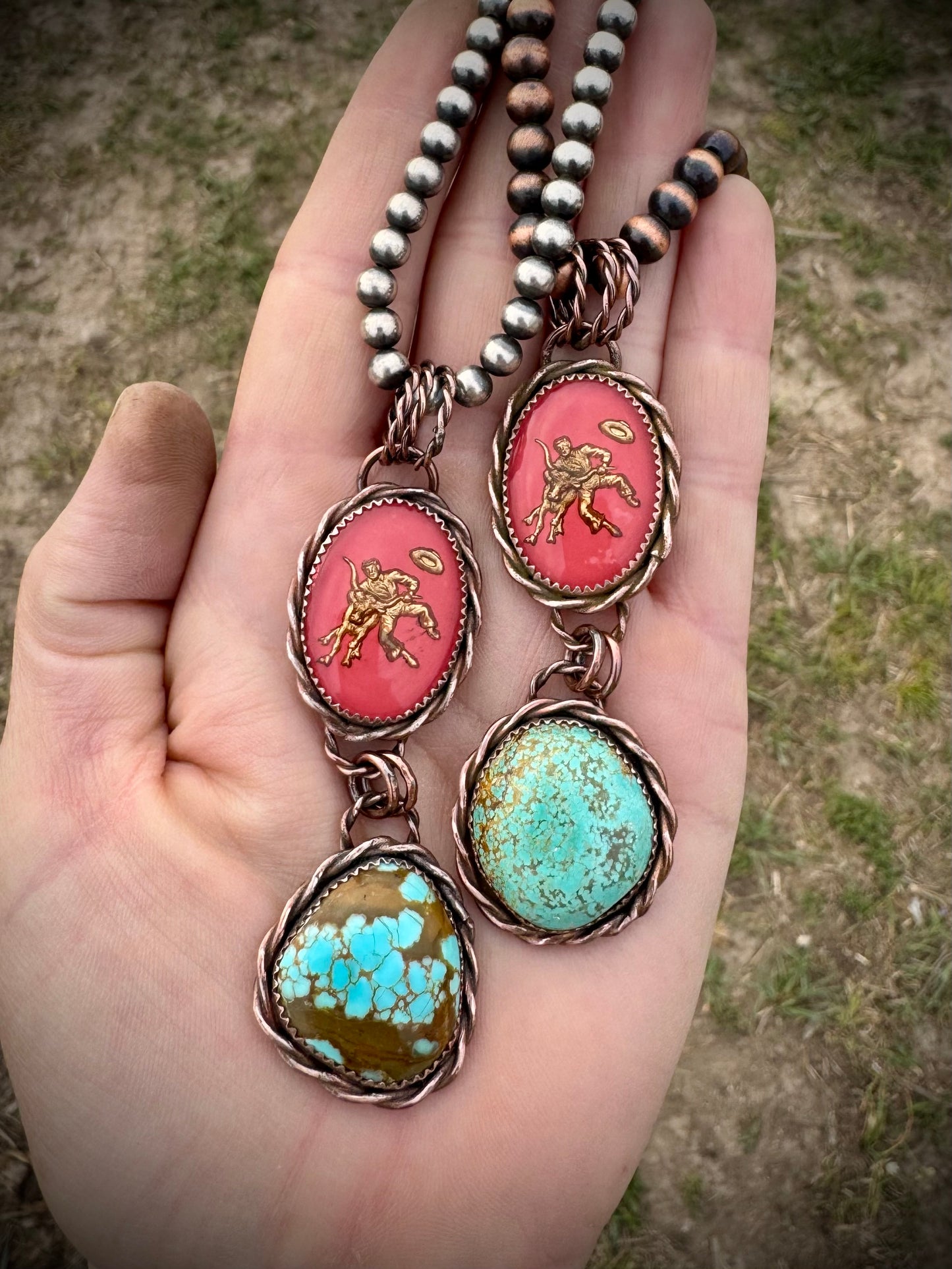Copper Steer Wrestler Pendants