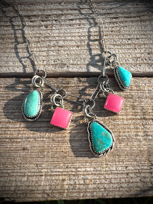 Charm Necklace With Sonoran Turquoise and Pink Jade