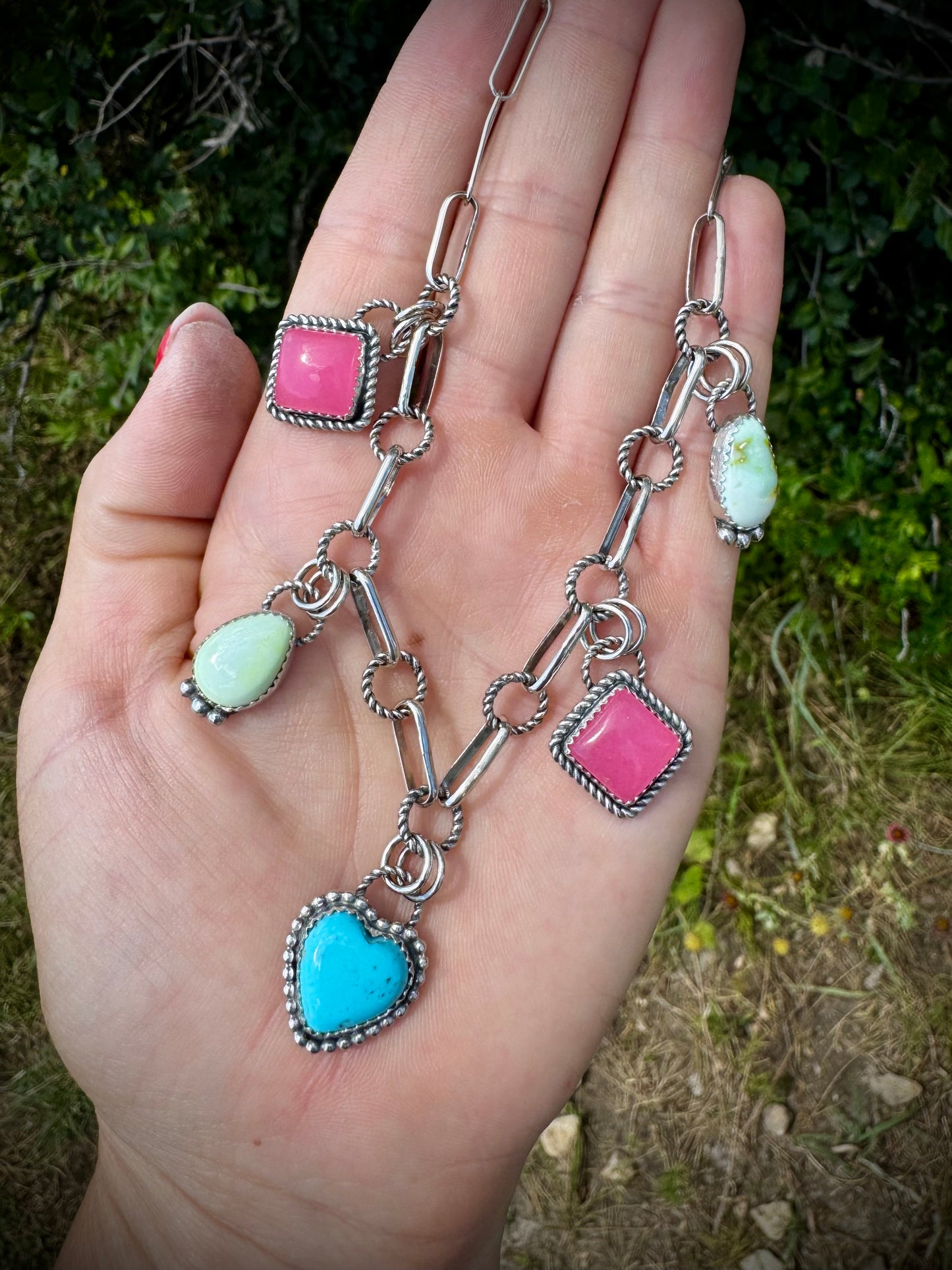 Charm Necklace With Nacozari, Palomino, and Pink Jade