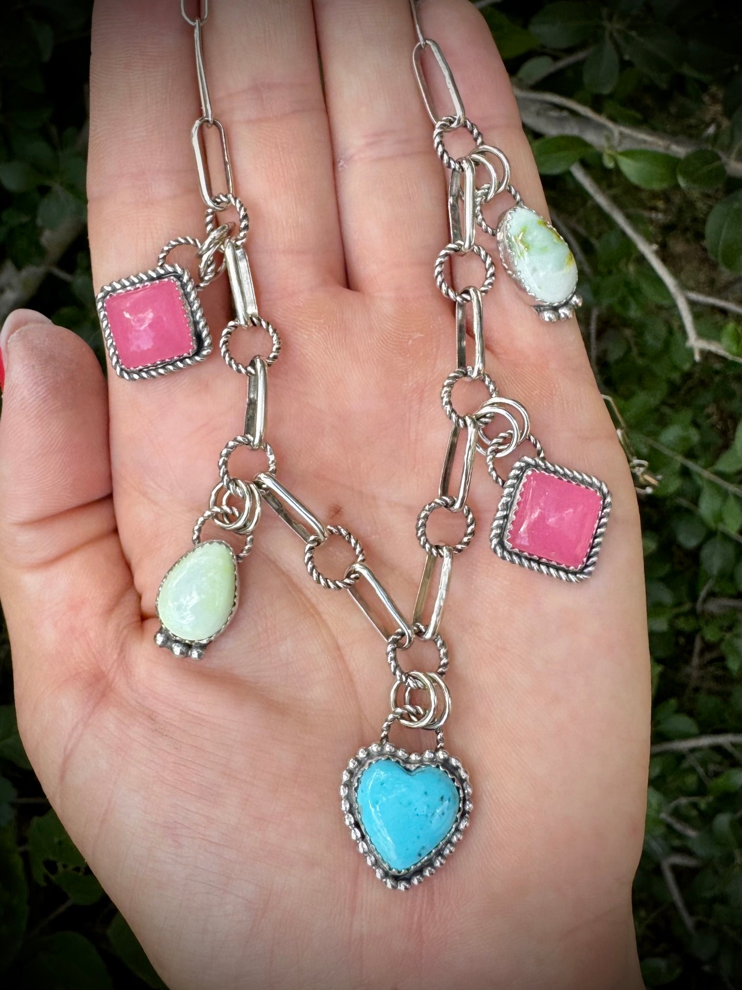 Charm Necklace With Nacozari, Palomino, and Pink Jade