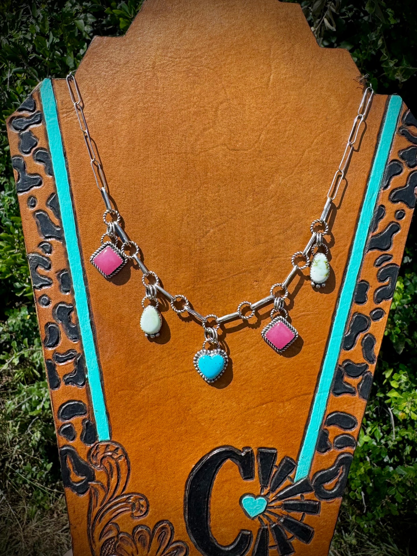 Charm Necklace With Nacozari, Palomino, and Pink Jade