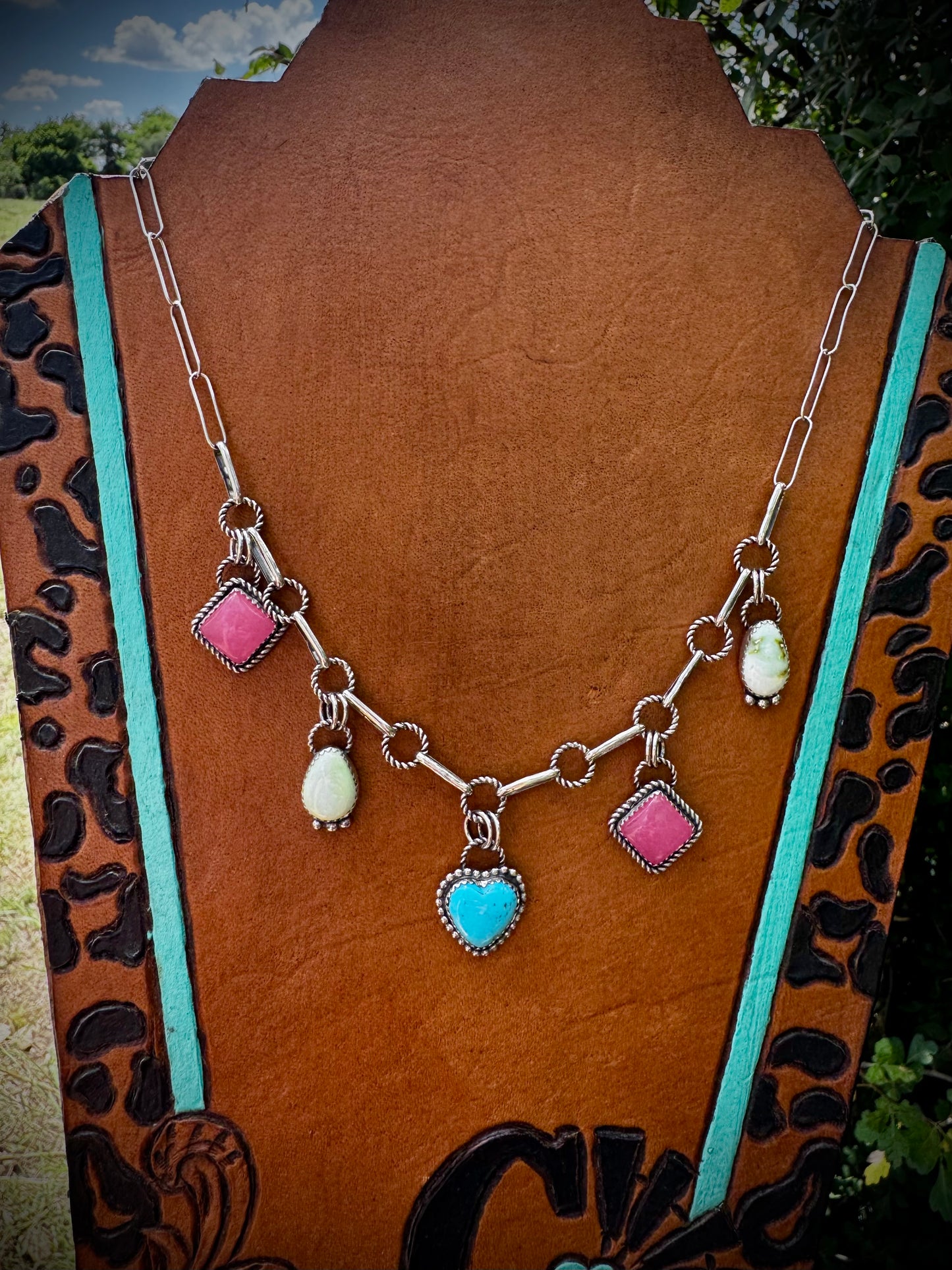 Charm Necklace With Nacozari, Palomino, and Pink Jade