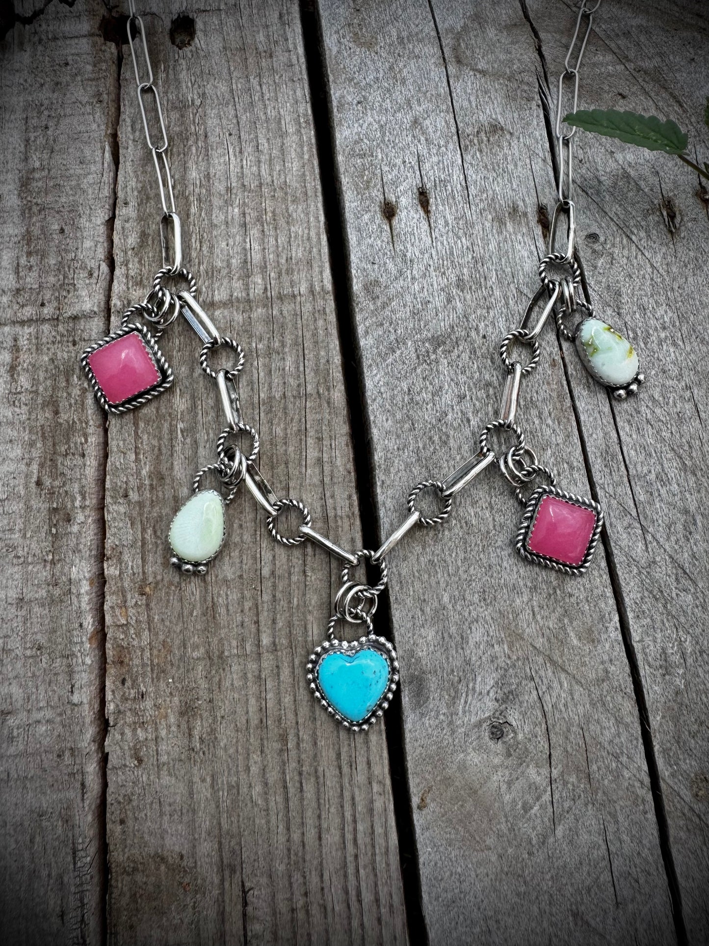 Charm Necklace With Nacozari, Palomino, and Pink Jade
