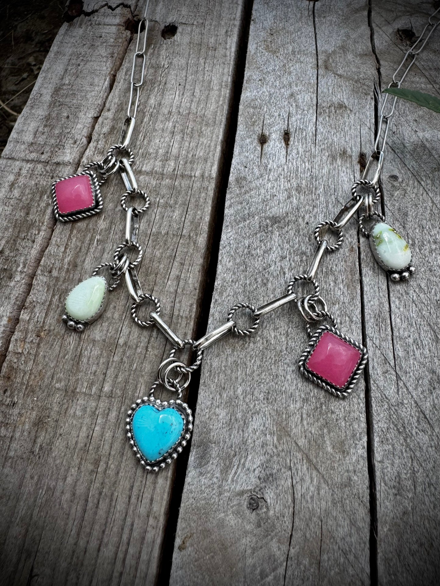 Charm Necklace With Nacozari, Palomino, and Pink Jade