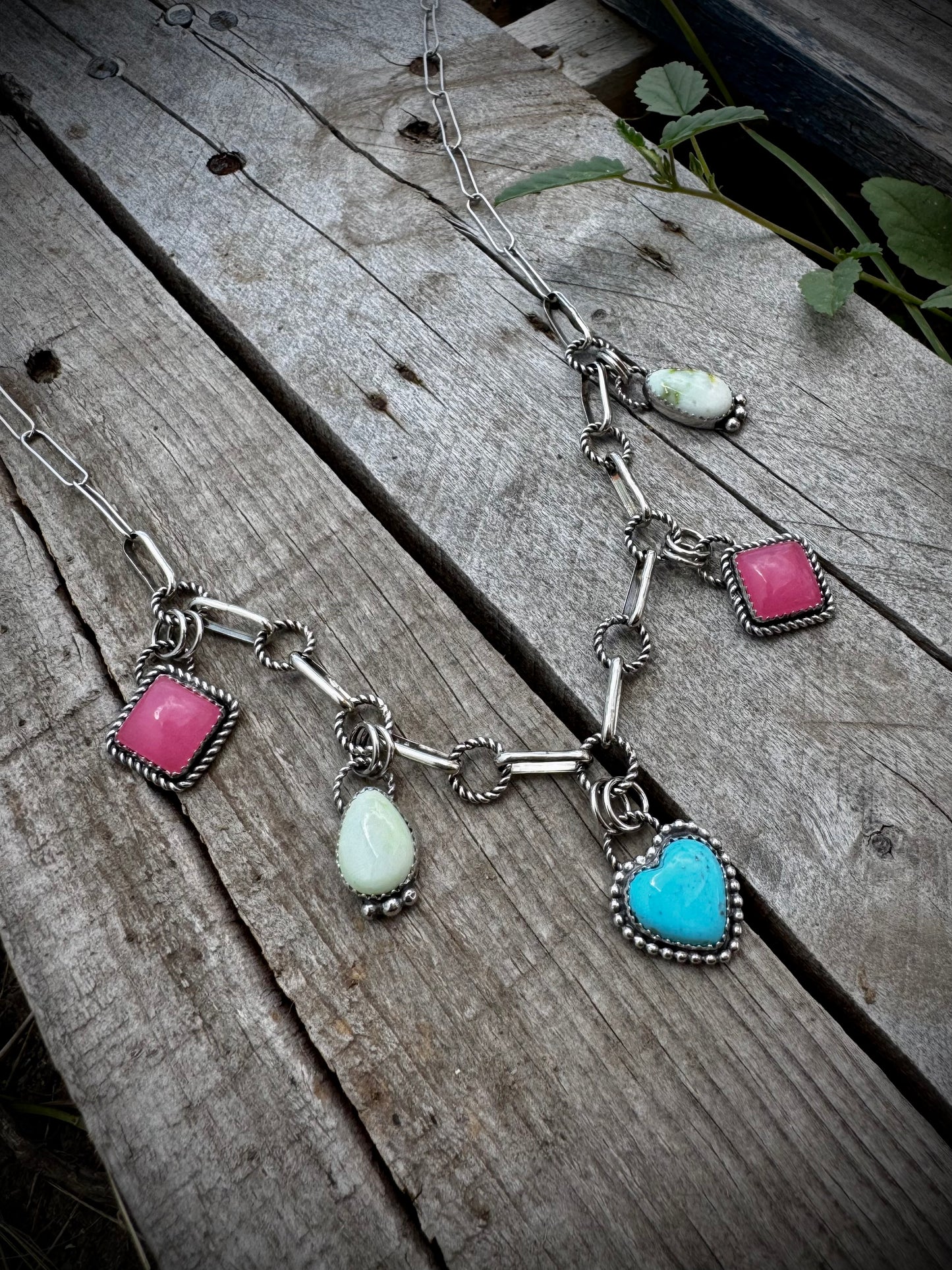 Charm Necklace With Nacozari, Palomino, and Pink Jade