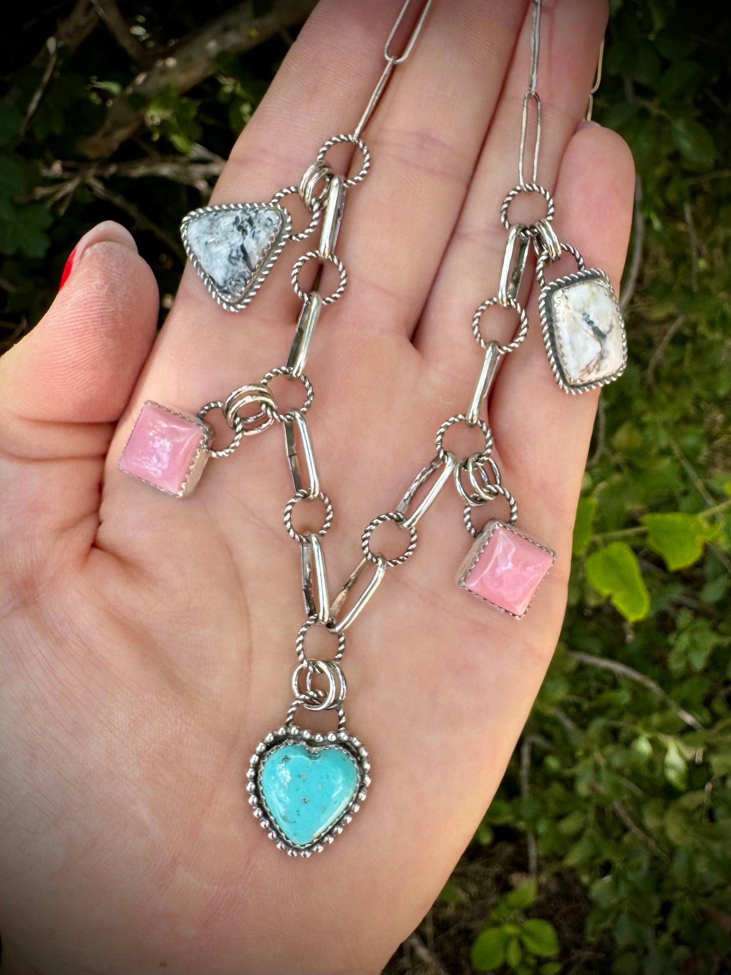 Charm Necklace With Nacozari, Pink Conch, and White Buffalo