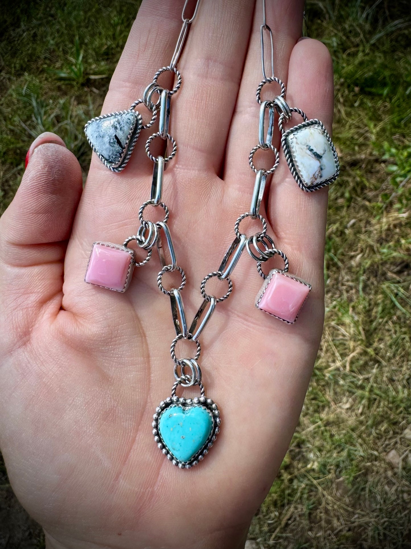 Charm Necklace With Nacozari, Pink Conch, and White Buffalo