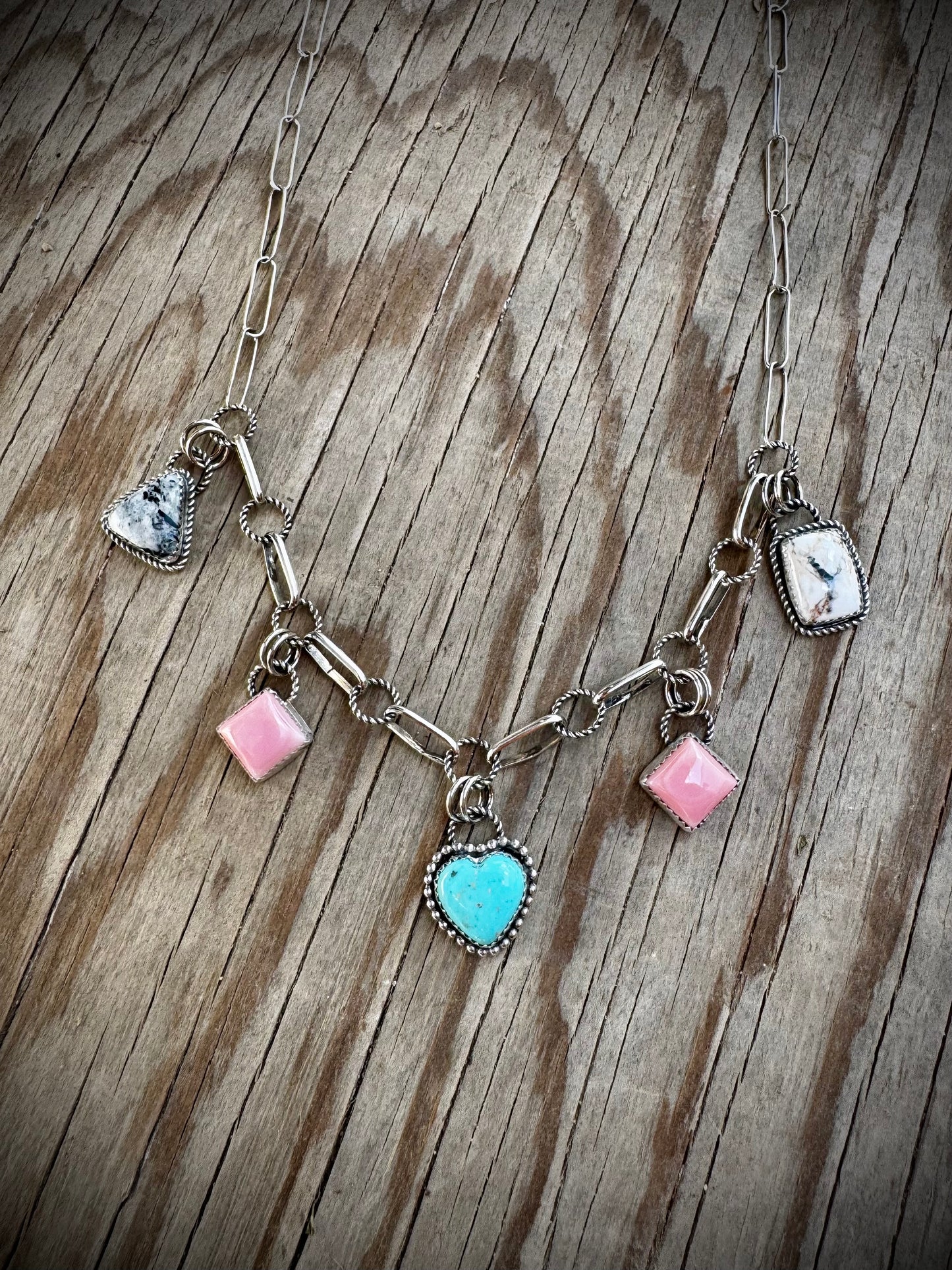 Charm Necklace With Nacozari, Pink Conch, and White Buffalo