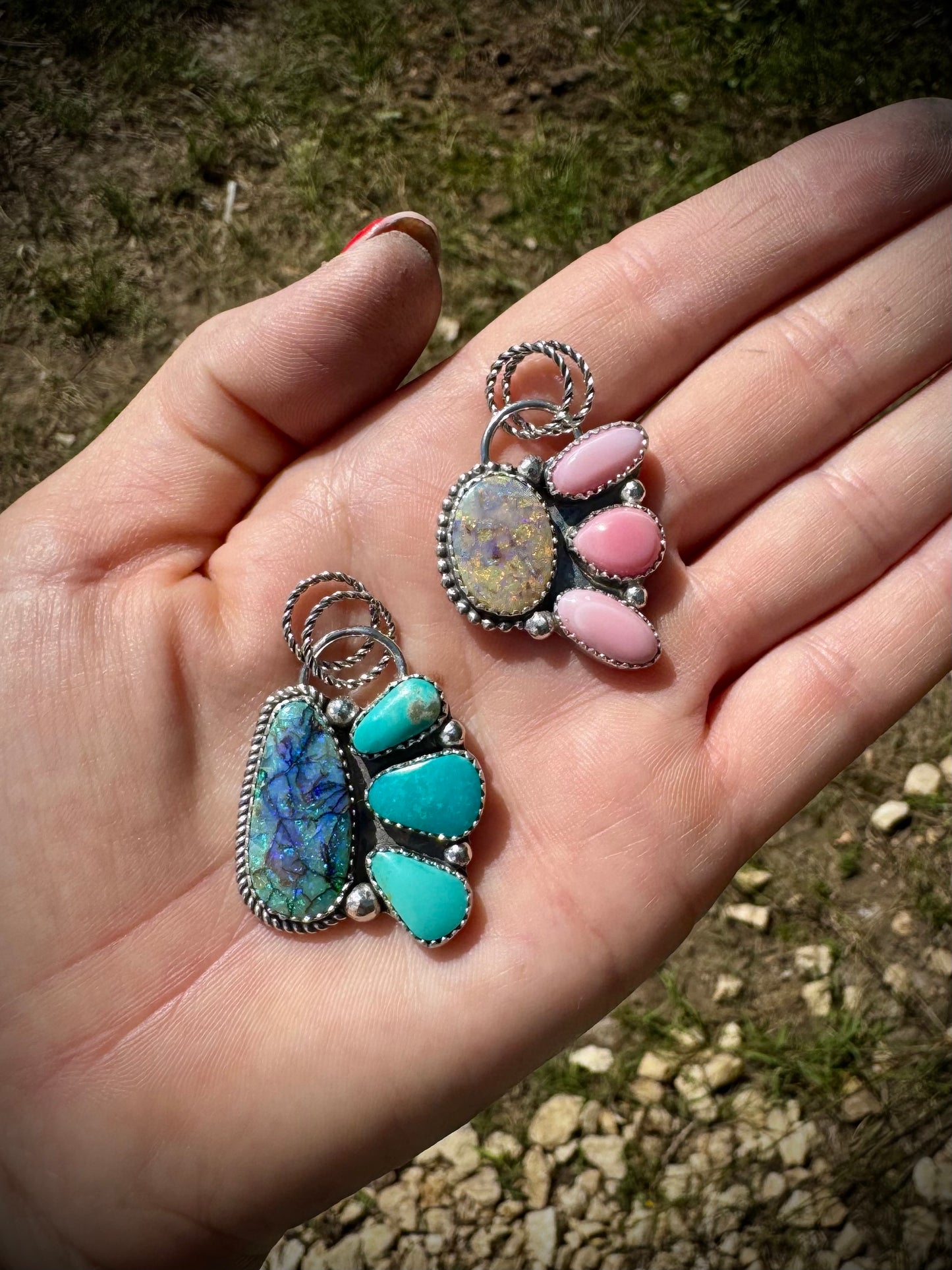 Opal Pendants with Pink Conch and Sonoran Turquoise
