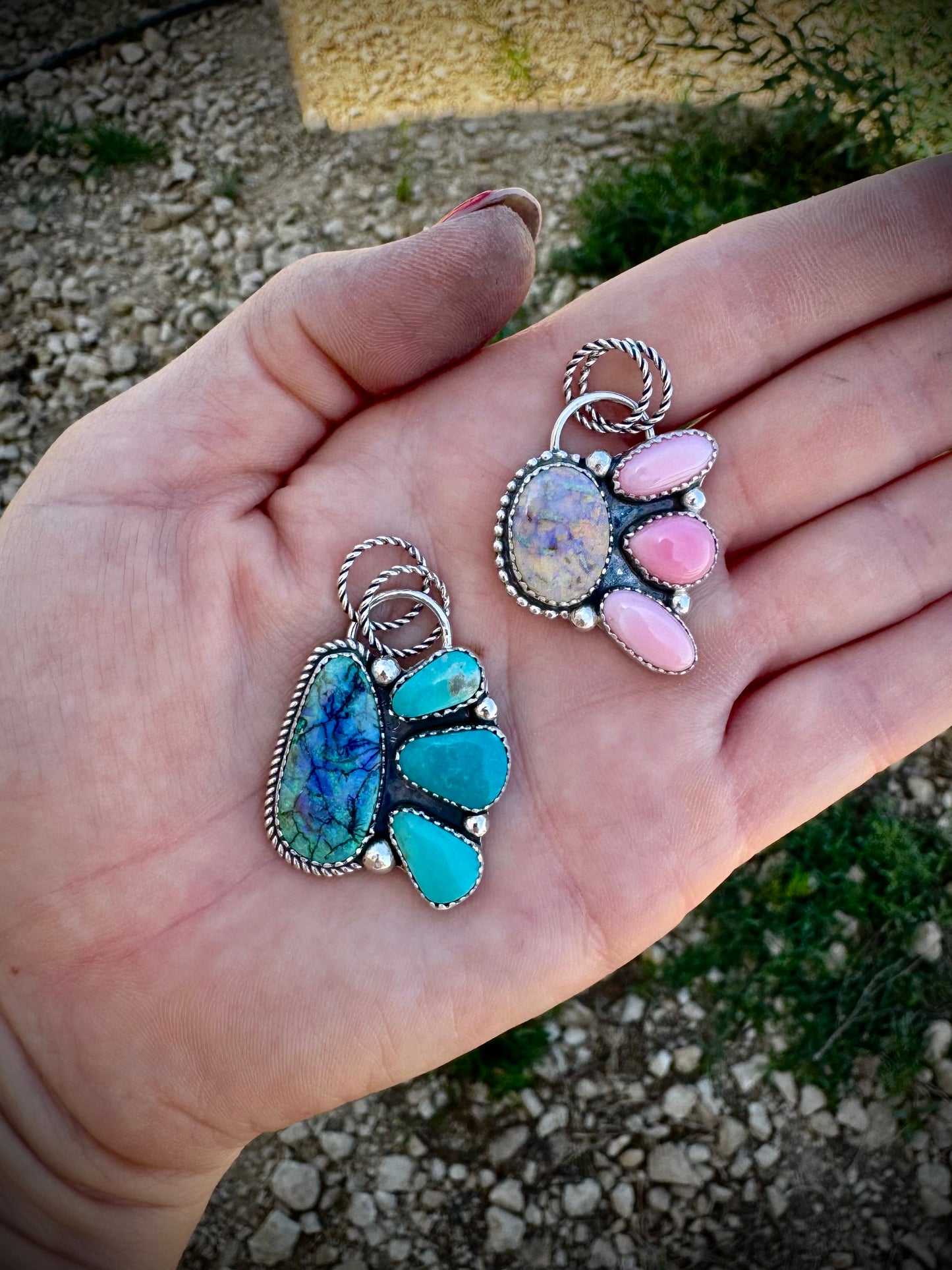 Opal Pendants with Pink Conch and Sonoran Turquoise