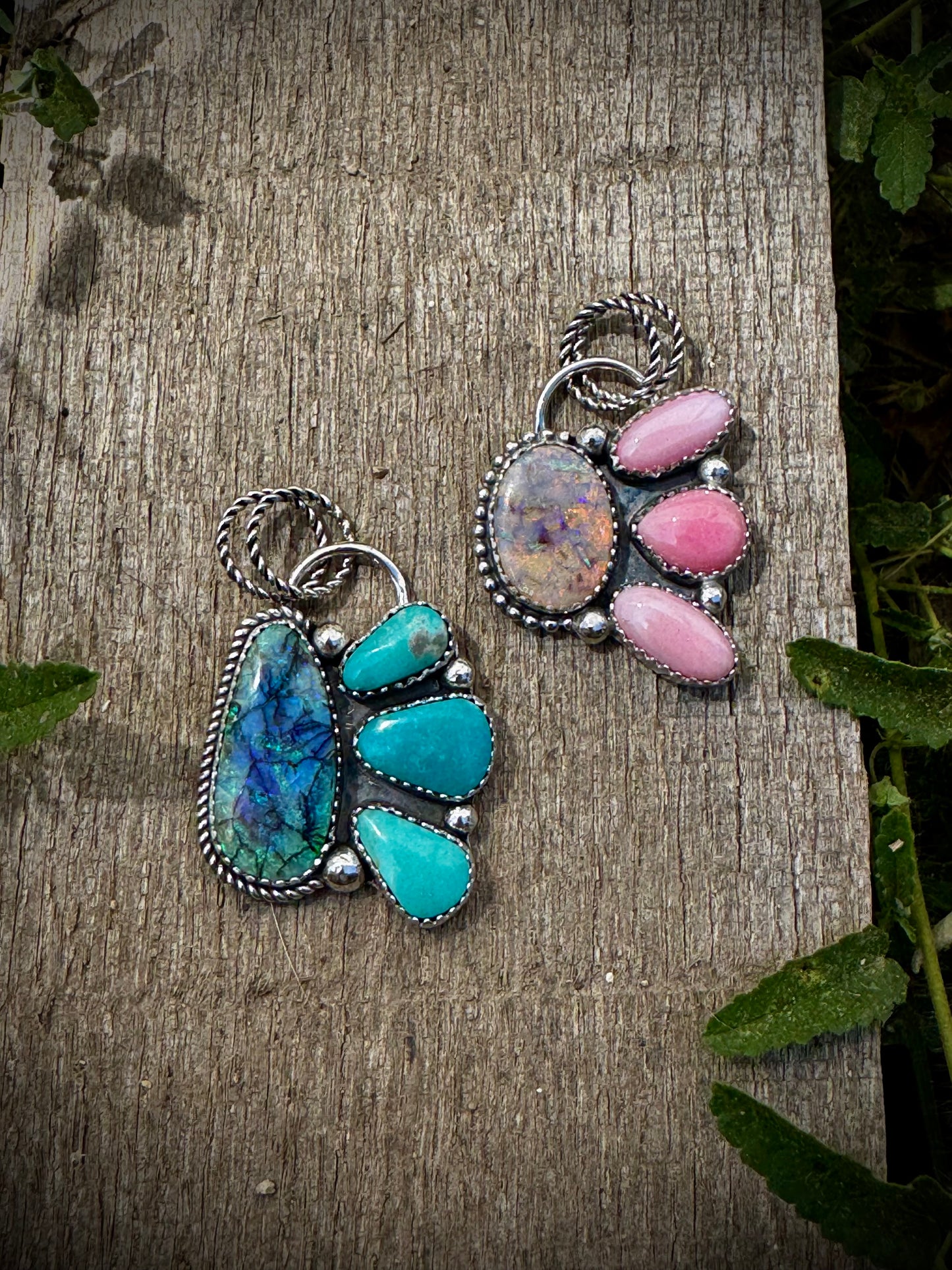 Opal Pendants with Pink Conch and Sonoran Turquoise