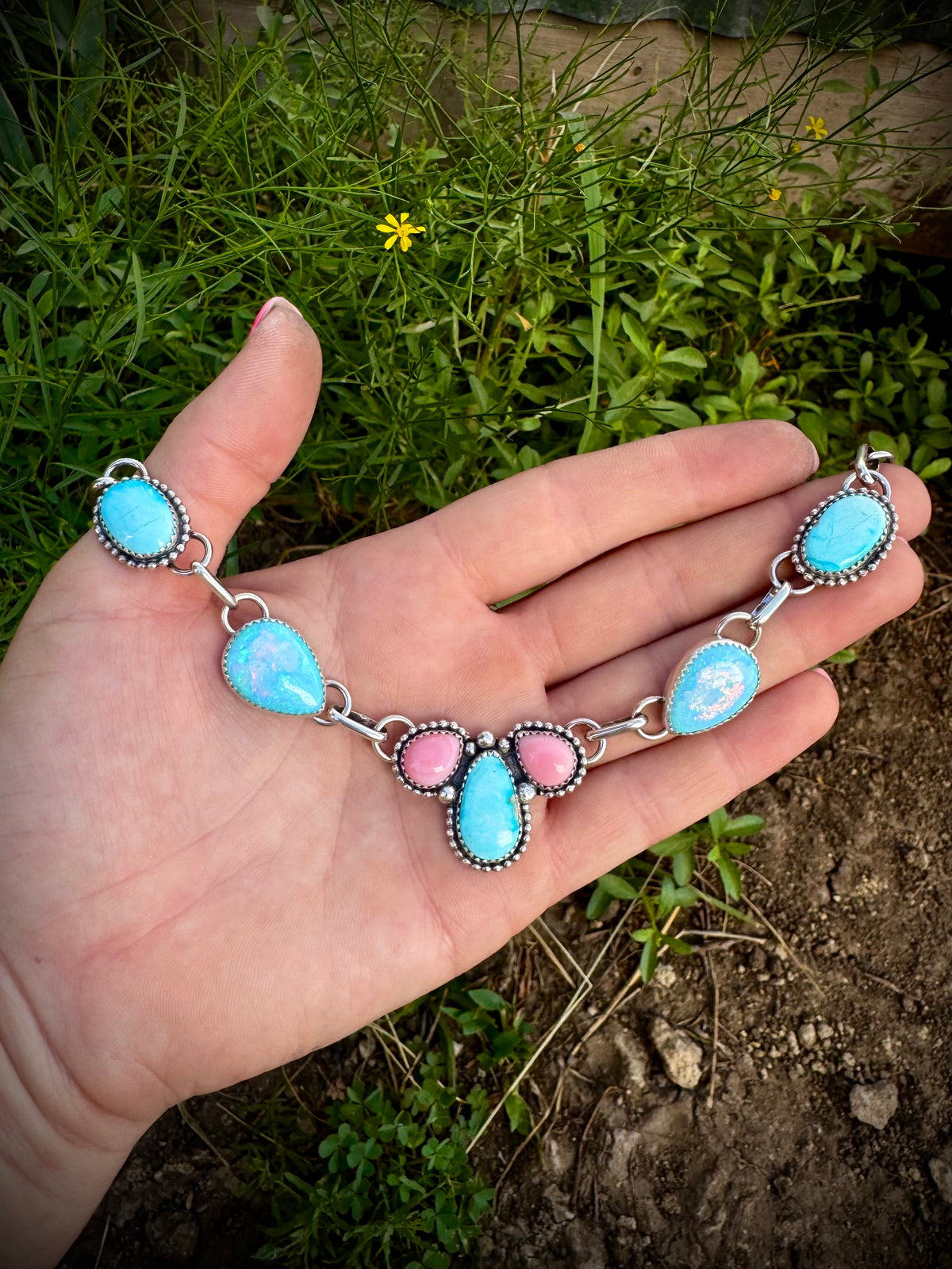 Opal and Pink Conch Necklace With Blue ridge Turquoise