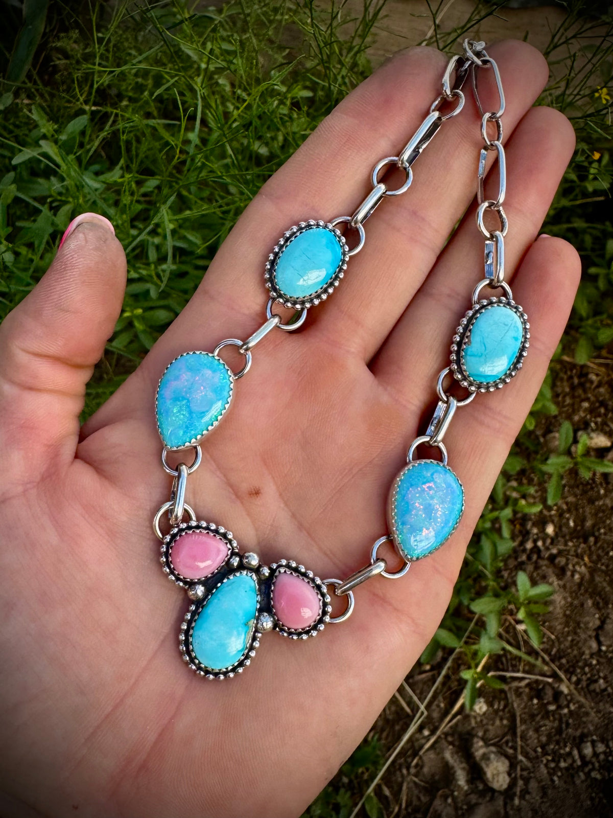 Opal and Pink Conch Necklace With Blue ridge Turquoise