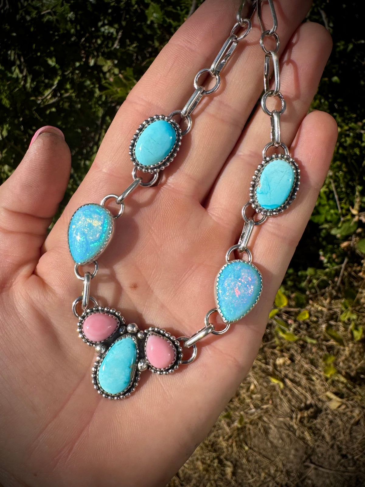 Opal and Pink Conch Necklace With Blue ridge Turquoise