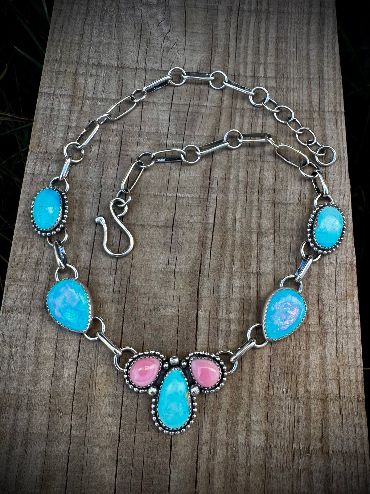 Opal and Pink Conch Necklace With Blue ridge Turquoise