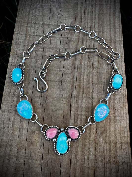 Opal and Pink Conch Necklace With Blue ridge Turquoise
