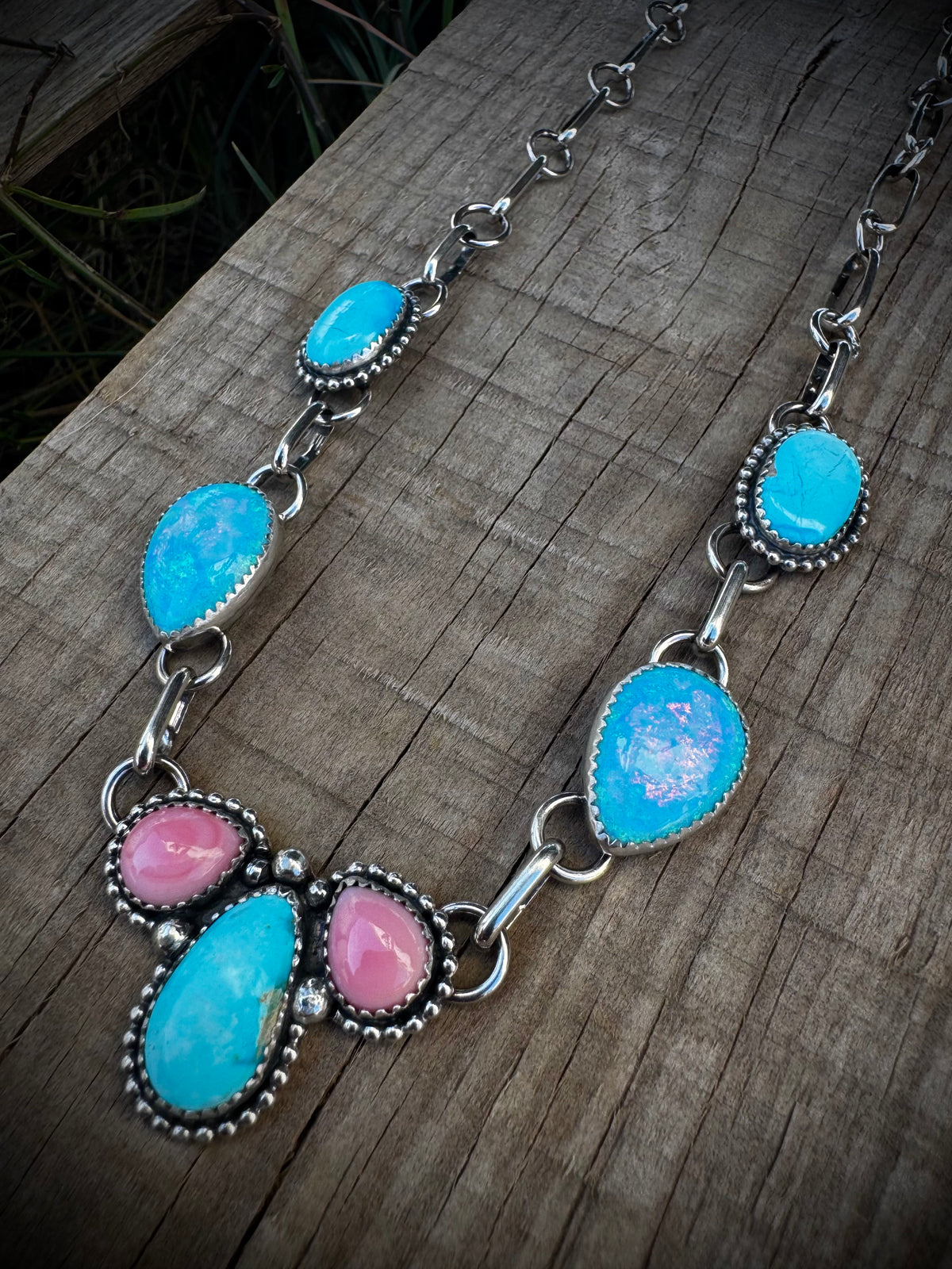Opal and Pink Conch Necklace With Blue ridge Turquoise