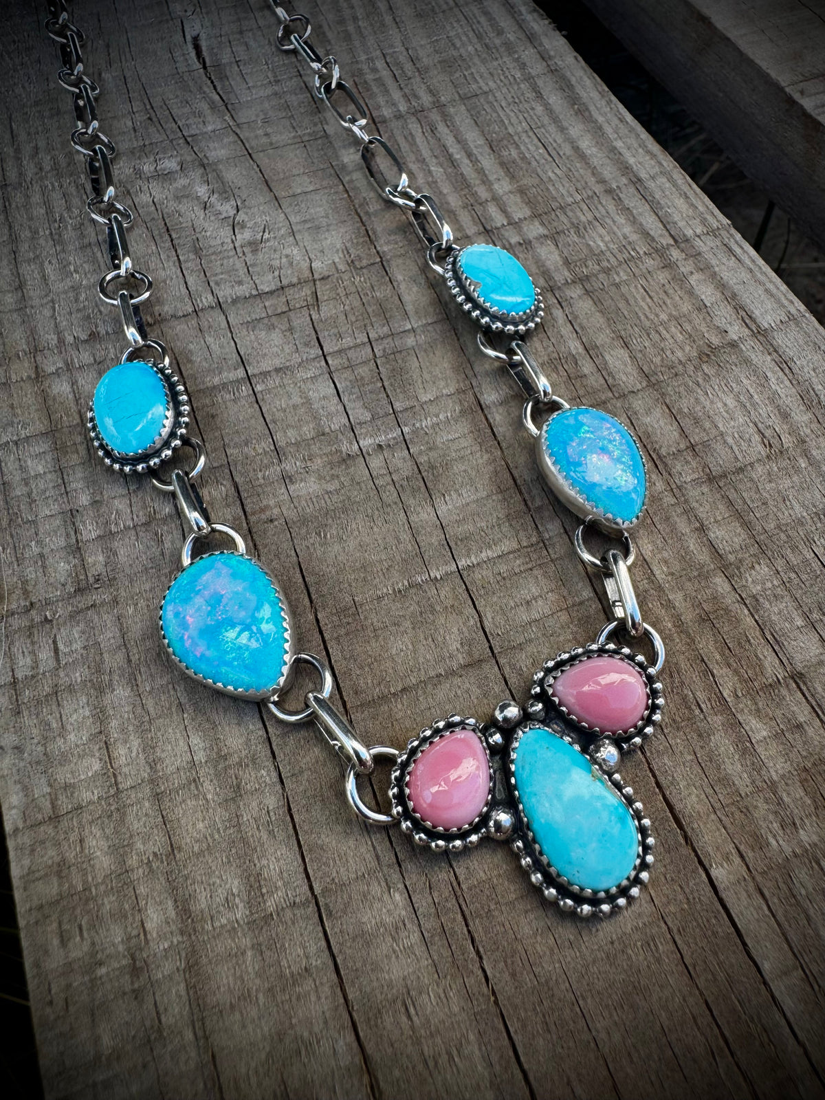 Opal and Pink Conch Necklace With Blue ridge Turquoise