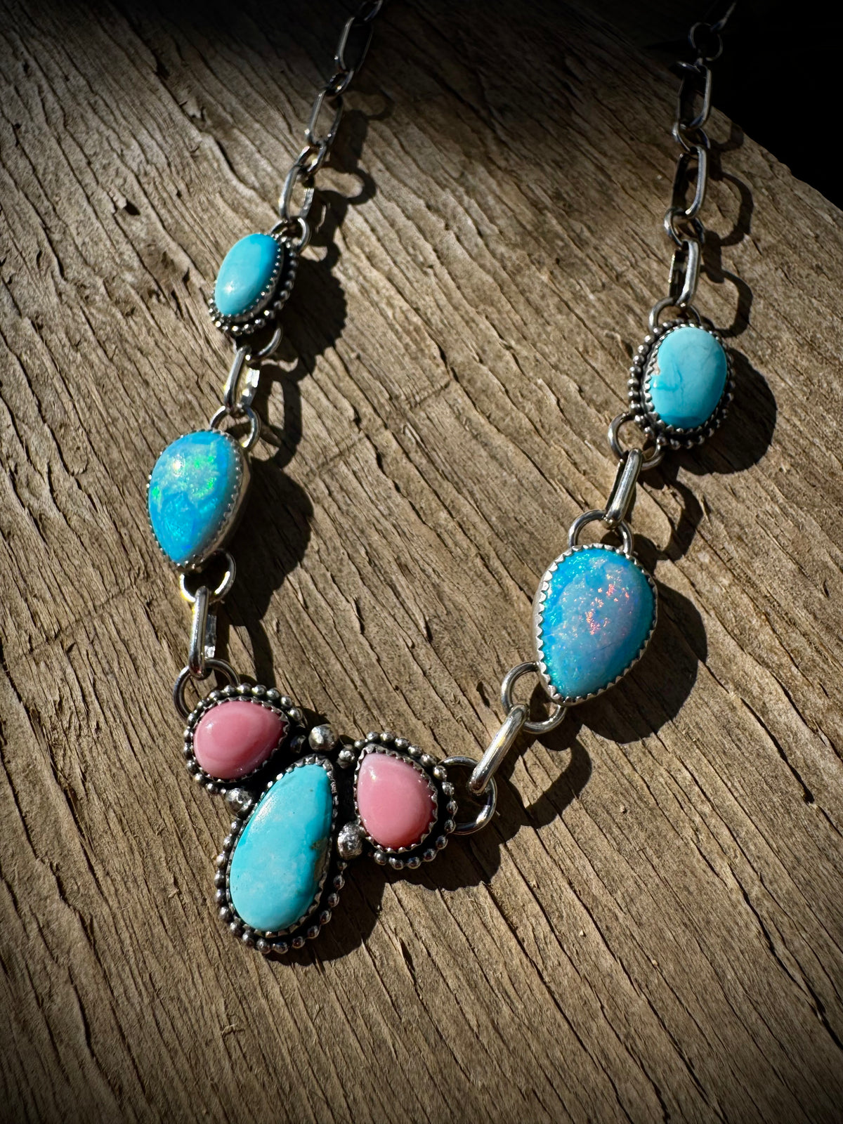 Opal and Pink Conch Necklace With Blue ridge Turquoise
