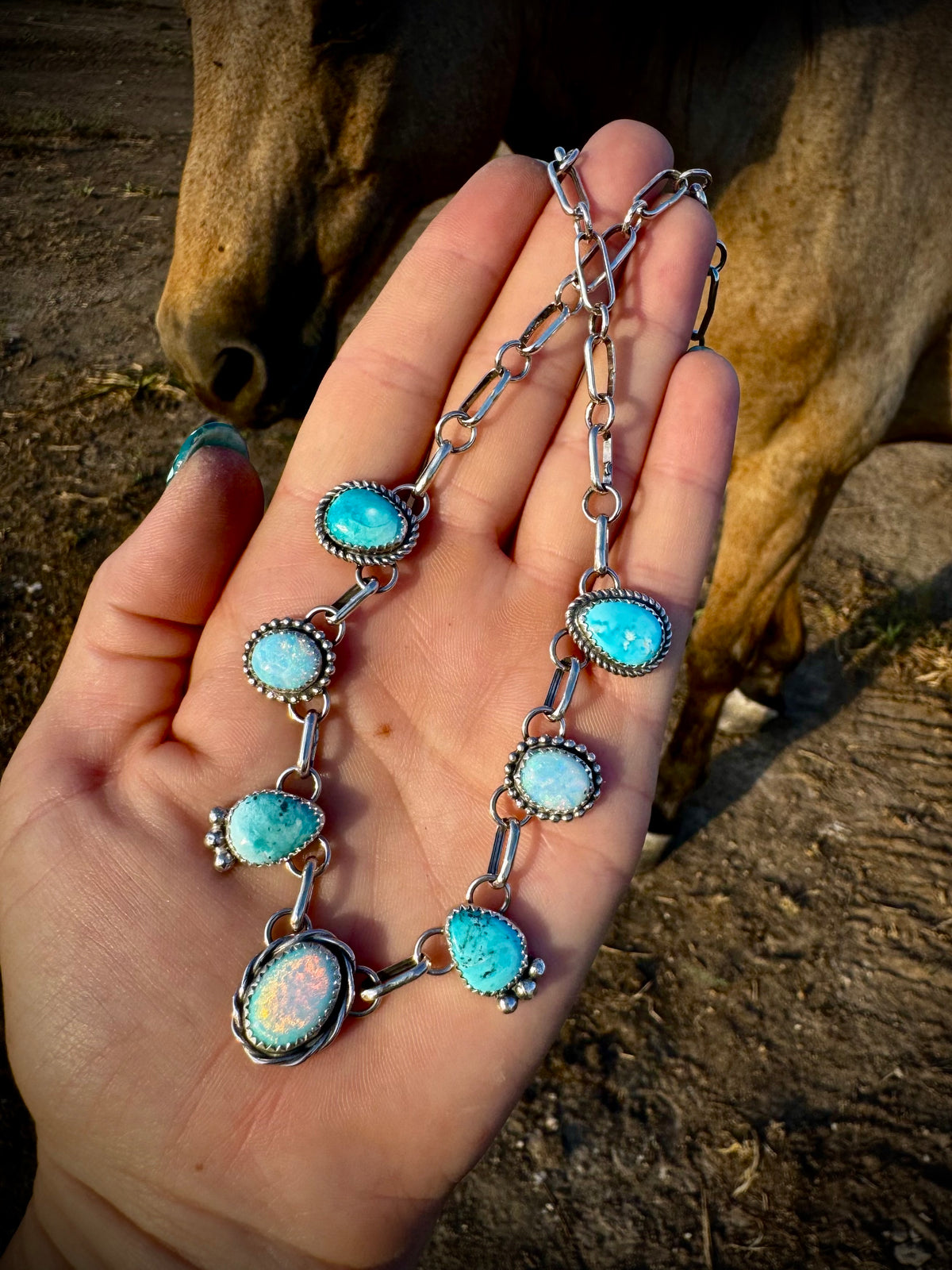 Opal and Sonoran Blue 7 Stone Dainty Choker