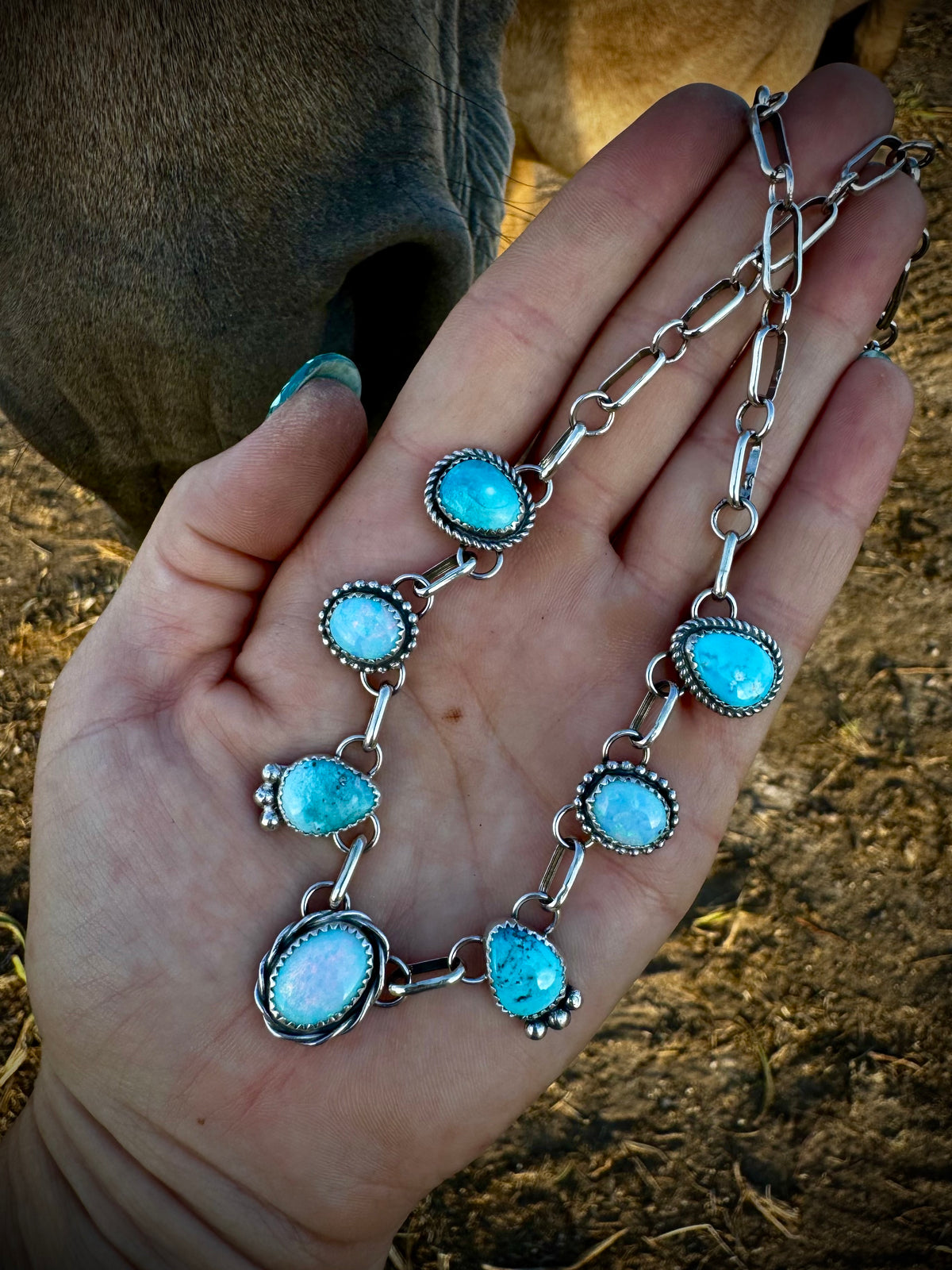 Opal and Sonoran Blue 7 Stone Dainty Choker